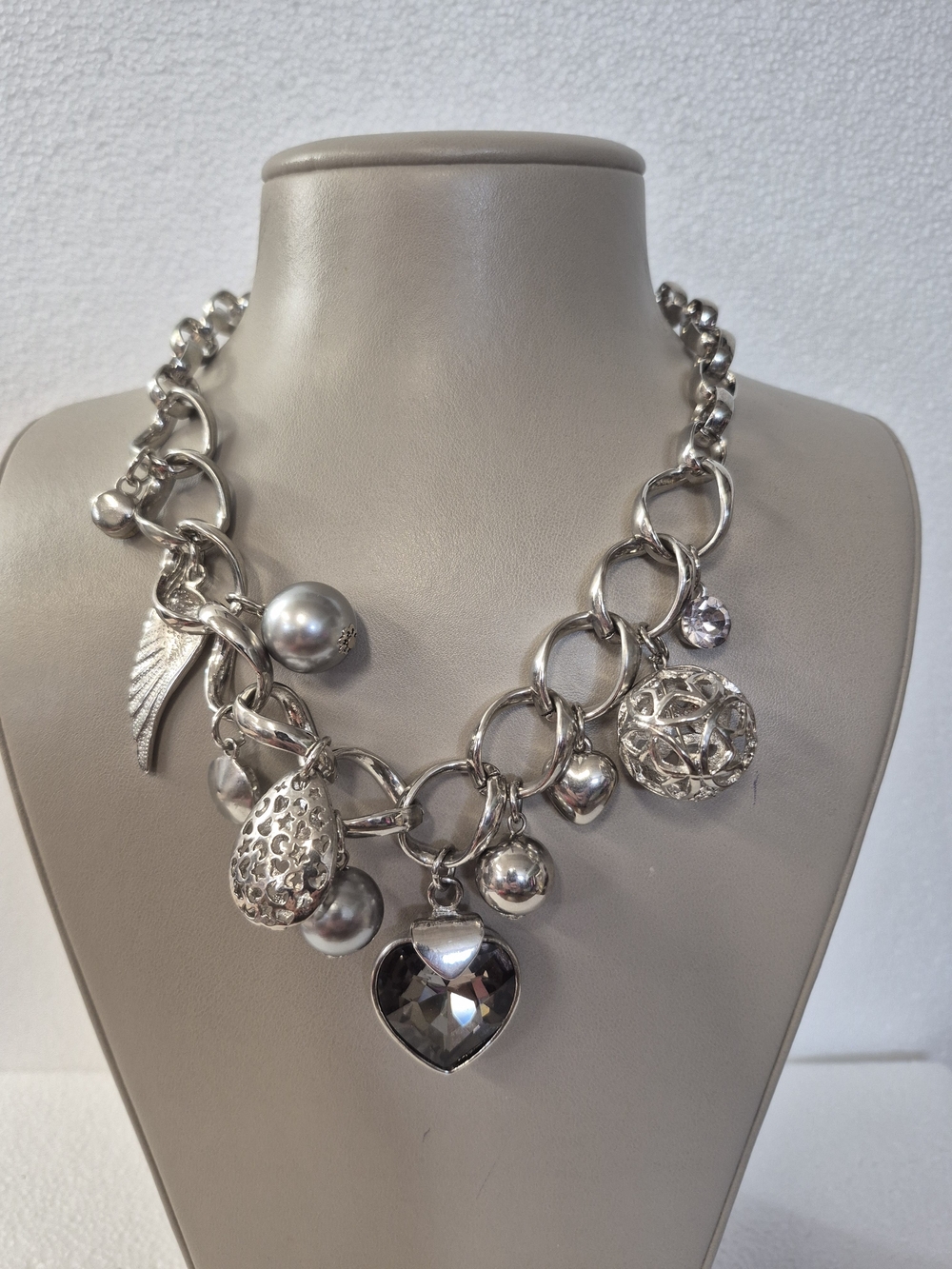 Vintage Chunky Charm Necklace with Hearts, Filigree Pendants, Faux Pearls .....